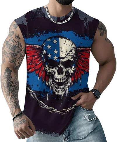 Mens Skull Print Tank Top 3D Graphic Sleeveless T Shirts Moisture Wicking Summer Gym Muscle Shirts in Saudi Arabia