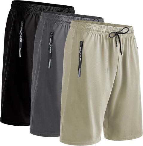 شورت رياضي للرجال مقاس 9 بوصات مع جيوب بسحاب، 3 قطع من شورتات الجري سريعة الجفاف برباط للتمرينات الرياضية للرجال in Kuwait