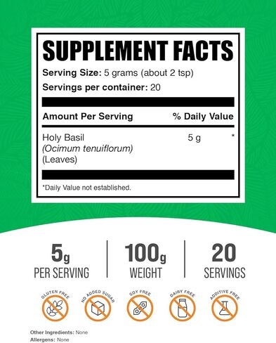 BulkSupplements.com مسحوق الريحان المقدس - مكمل الريحان المقدس، مسحوق أوراق الريحان المقدس - ريحان التولسي المقدس، العشبي والخالي من الغلوتين، 5 جم لكل وجبة، 1 كجم (2.2 رطل) (عبوة من قطعة واحدة) in Saudi Arabia