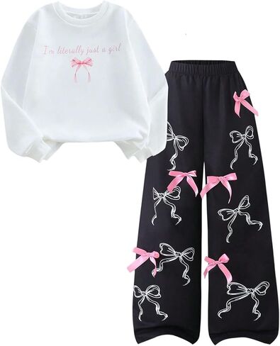 Girl's 2 Piece Outfits Letter Bow Graphic Long Sleeve Sweatshirt and Sweatpants Parachute Pants Tracksuit Sets in Saudi Arabia