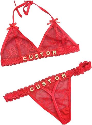 Custom Sexy Thongs Bras Set with Name Text for Women, Personalized Rhinestone Letters DIY See Through Lingerie Underwear, Birthday Valentines Day Gifts for Wife Girlfriend, One Size in Saudi Arabia