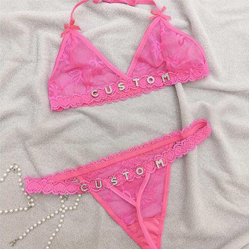 Custom Sexy Thongs Bras Set with Name Text for Women, Personalized Rhinestone Letters DIY See Through Lingerie Underwear, Birthday Valentines Day Gifts for Wife Girlfriend, One Size in Saudi Arabia