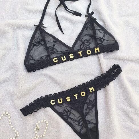 Custom Sexy Thongs Bras Set with Name Text for Women, Personalized Rhinestone Letters DIY See Through Lingerie Underwear, Birthday Valentines Day Gifts for Wife Girlfriend, One Size in Saudi Arabia
