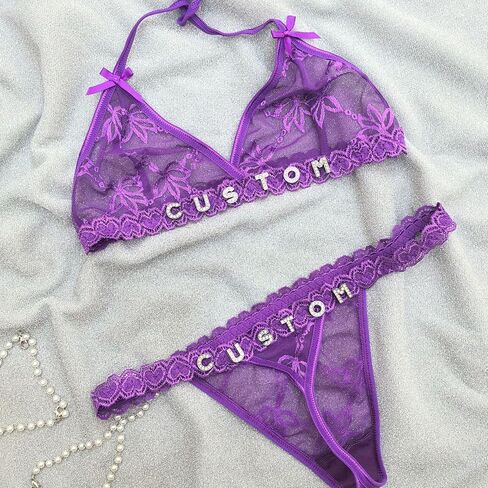 Custom Sexy Thongs Bras Set with Name Text for Women, Personalized Rhinestone Letters DIY See Through Lingerie Underwear, Birthday Valentines Day Gifts for Wife Girlfriend, One Size in Saudi Arabia