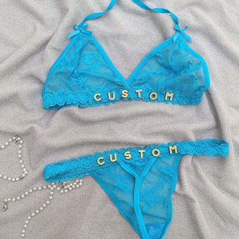 Custom Sexy Thongs Bras Set with Name Text for Women, Personalized Rhinestone Letters DIY See Through Lingerie Underwear, Birthday Valentines Day Gifts for Wife Girlfriend, One Size in Saudi Arabia