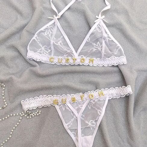 Custom Sexy Thongs Bras Set with Name Text for Women, Personalized Rhinestone Letters DIY See Through Lingerie Underwear, Birthday Valentines Day Gifts for Wife Girlfriend, One Size in Saudi Arabia