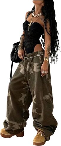 GORGLITTER Women's Wide Leg Sweatpants Y2k Graphic Camo Low Waisted Baggy Sweat Pants Streetwear Track Pants in Saudi Arabia