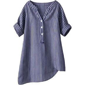 Womens Cotton Linen Shirts Striped 3/4 Length Sleeve Tops Casual V Neck Boho Top Summer Loose Gauze Tunic Blouse in Kuwait
