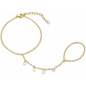 Faire de la Mode Waterproof Droplet Hand Chain – 14k Gold PVD Plated Stainless Steel Bracelet Ring with Pear Cut CZ Stones, Adjustable Gold Jewelry for Women in Kuwait