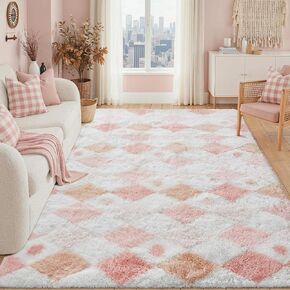 سجادة منطقة غرفة المعيشة مقاس 8 × 10، قابلة للغسل وغير قابلة للانزلاق، محايدة وناعمة لغرفة النوم، سجادة مربعات باللونين الأبيض والأسود، منفوش عصري، غامق، داخلي كبير، جمالي للمنزل والمكتب وغرفة اللعب والحضانة in Kuwait