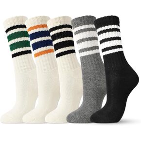 5 Pairs Retro Striped Crew Socks, Cotton Stretchy Calf Socks with Terry Cloth Bottom for Women Causual Sports Athletic Running Sock Size 6-9 in Saudi Arabia