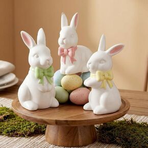 RattanView Easter Decorations 3 Pcs Ceramic Easter Bunny Statues Spring Table Centerpieces Cute Pastel Rabbit Kit Ceramic Home Decor Spring Bunny Figurines Set for Home Party Decorations(Quiet) in Kuwait