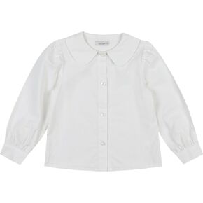 بلوزة بيتر بان من القطن الأبيض بياقة مستديرة للفتيات، قميص زي مدرسي بأكمام طويلة وأزرار سفلية، قميص فستان كلاسيكي in Kuwait