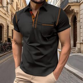 Men's Contrast Stitch Polo Shirt, Short Sleeve Casual Polo with Chest Pocket for Daily & Office Wear in Kuwait