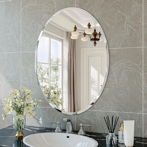 مرآة بيضاوية بدون إطار، مرايا حمام بيضاوية مشطوفة مقاس 22 بوصة × 30 بوصة، مرآة زينة مثبتة على الحائط لغرفة النوم والمدخل وغرفة المعيشة، يتم تعليقها أفقيًا أو رأسيًا in Kuwait