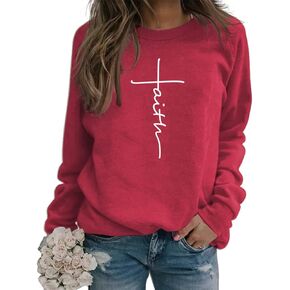 MEKOTSK Womens Faith Sweatshirt Cute Letter Graphic Shirts Long Sleeve Crew Neck Christian Pullover Tops Faith Shirts in Saudi Arabia