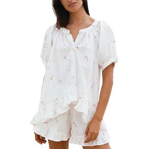 طقم بيجامة للنساء صيفي بأكمام قصيرة وقميص بيبي دول وسروال قصير مكون من قطعتين in Kuwait