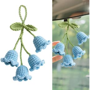 Crochet Lily of The Valley Car Hanging Decor, Handmade Floral Keychain for Rearview Mirror, Gift for Women, Car Lovers，Cute Car Accessories Gift for Women, Mothers Day in Saudi Arabia