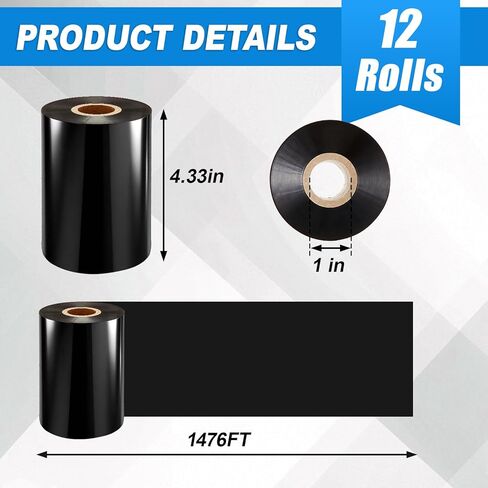 Maitys 12 Rolls 4.33'' x 1476' Resin Enhanced Wax Printer Ribbon Bulk Black Thermal Transfer Label Ribbon 1'' Core Ink Out 1 Roll Compatible with Zebra Zt230 Zt410 Zt420 Zt610 in Saudi Arabia