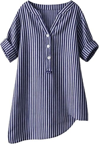 المرأة القطن قميص كتان مخطط 3/4 طول الأكمام بلايز عادية الخامس الرقبة بوهو بلوزة الصيف فضفاضة الشاش تونك بلوزة in Kuwait