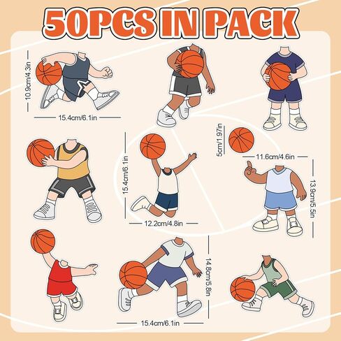 Whaline 50 Pcs Basketball DIY Cutouts Sports Ball Cut-Outs Basketball Player Paper Cutting with 100 Pcs Glue Points for Crafts Birthday Party Classroom Bulletin Board Photo in Kuwait