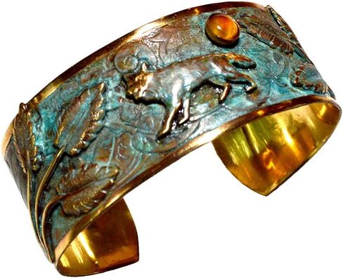 Elaine Coyne Collectible Artwear Wolves Collection Verdigris Patina Forest Wolf Cuff - Tigers Eye and Jasper in Saudi Arabia