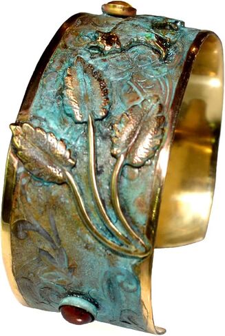 Elaine Coyne Collectible Artwear Wolves Collection Verdigris Patina Forest Wolf Cuff - Tigers Eye and Jasper in Saudi Arabia