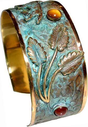 Elaine Coyne Collectible Artwear Wolves Collection Verdigris Patina Forest Wolf Cuff - Tigers Eye and Jasper in Saudi Arabia