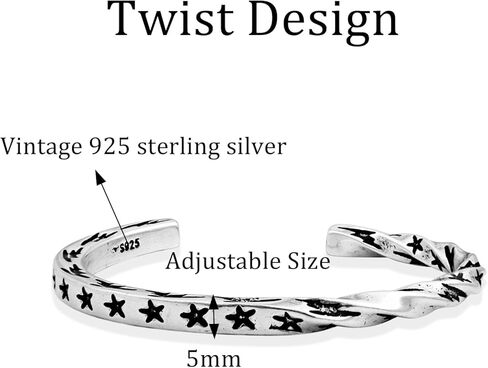 925 Sterling Silver Star Cuff Bracelet for Women Boho Vintage Twist Open Bangle Bracelet for Y2k Jewelry in Saudi Arabia