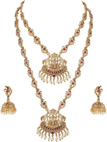 Jwellmart Jewellery Set Gold Plated Traditional Temple Jewelry Antique Double-Necklace with Earrings for Women in Saudi Arabia