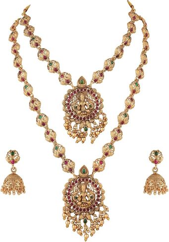 Jwellmart Jewellery Set Gold Plated Traditional Temple Jewelry Antique Double-Necklace with Earrings for Women in Saudi Arabia