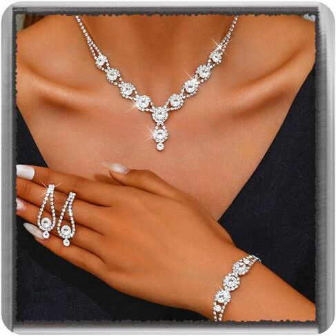 TWINKLEDE Rhinestone Necklace Jewelry Sets Sparkly Blue Necklaces Earrings and Bracelet for Women in Saudi Arabia