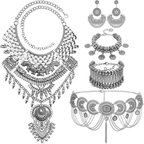 5 Pcs Boho Jewelry Set Waist Chain, Coin Statement Necklace, Coin Hand Bracelet Dangle Earrings for Women Silver in Saudi Arabia
