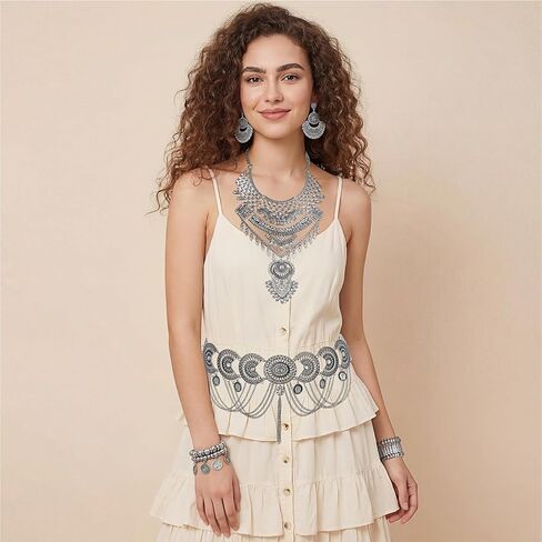 5 Pcs Boho Jewelry Set Waist Chain, Coin Statement Necklace, Coin Hand Bracelet Dangle Earrings for Women Silver in Saudi Arabia