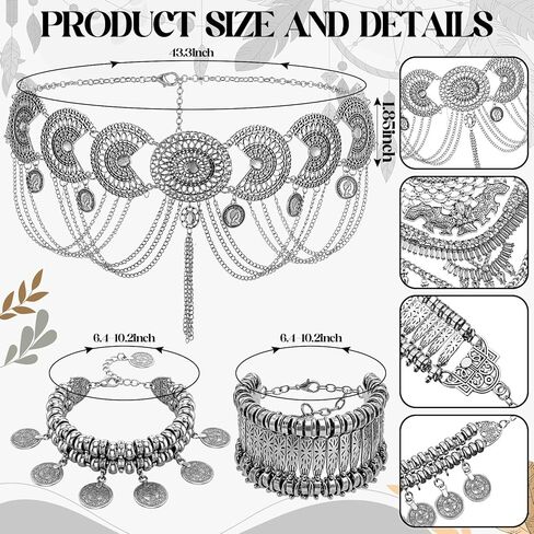 5 Pcs Boho Jewelry Set Waist Chain, Coin Statement Necklace, Coin Hand Bracelet Dangle Earrings for Women Silver in Saudi Arabia