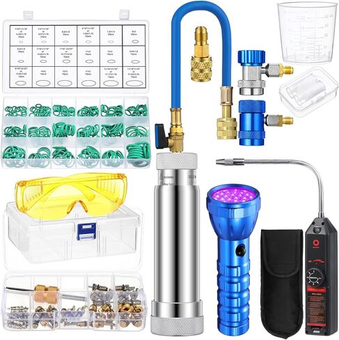 Ac Leak Detector Kit R1234yf R134a R410a Ac Oil UV Dye Injector Kit Refrigerant Leak Detector Tool with Low Side Quick Coupler Mini Split Adapter Glasses Flashlight in Saudi Arabia