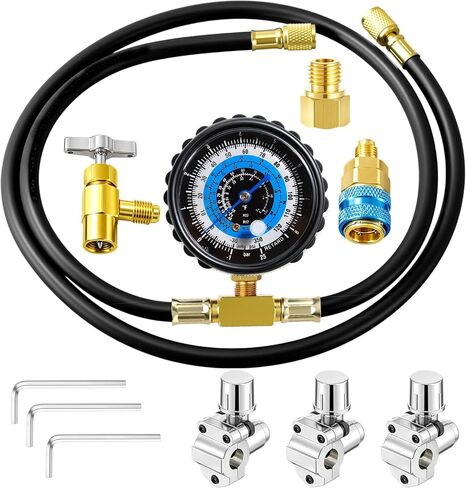 مجموعة خرطوم إعادة الشحن Mudder R134A مع مقياس، خرطوم تبريد تيار متردد، نوع ثقب أنثى 1/2 بوصة يمكن النقر عليه ومحول ذاتي الغلق، قارنة توصيل سريعة، صمام ثقب الرصاص للتيار المتردد المنزلي (أسود، إطار) in Saudi Arabia