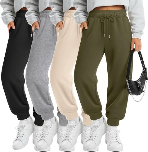 4 Pack Girls Joggers Lounge Sweatpants Drawstring Baggy Lightweight Kids Double Waisted Athletic Pants with Pockets in Saudi Arabia