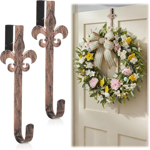 Lounsweer 2 Pcs Mardi Gras Spring Fleur De Lis Wreath Hangers for Front Door Mardi Gras Spring Metal Decoration 11 Inch Vintage Over The Door Wreath Hooks Ornament Hangers for Party Porch Home Decor in Saudi Arabia