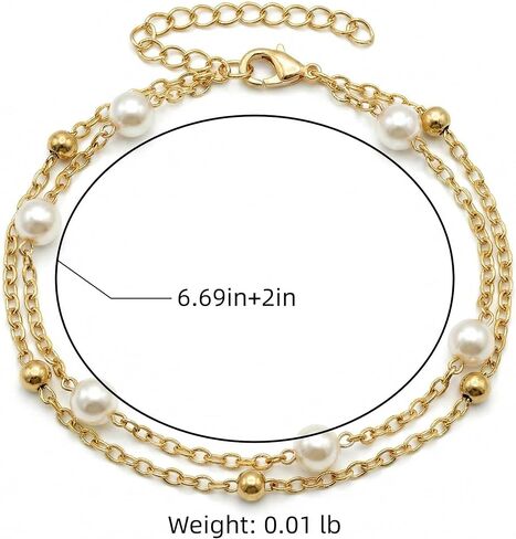 Gold Tone Double Layer Bracelet for Women - Dainty Faux Pearl Beaded Chain, Trendy Preppy Aesthetic Jewelry, Cute Stackable Wrist Accessory for Teen Girls in Saudi Arabia