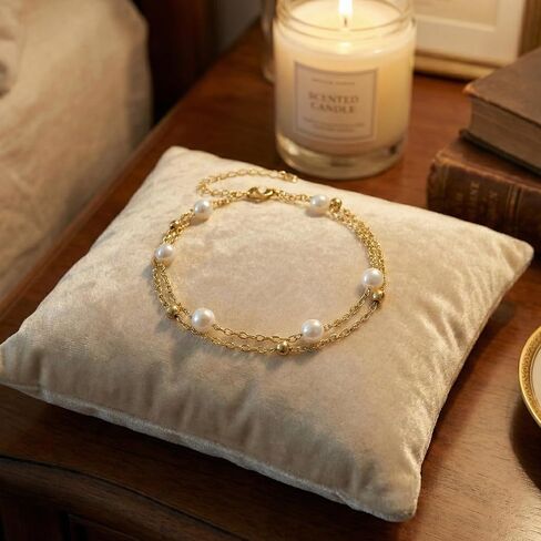 Gold Tone Double Layer Bracelet for Women - Dainty Faux Pearl Beaded Chain, Trendy Preppy Aesthetic Jewelry, Cute Stackable Wrist Accessory for Teen Girls in Saudi Arabia
