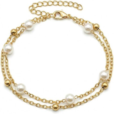 Gold Tone Double Layer Bracelet for Women - Dainty Faux Pearl Beaded Chain, Trendy Preppy Aesthetic Jewelry, Cute Stackable Wrist Accessory for Teen Girls in Saudi Arabia