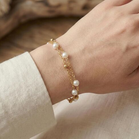 Gold Tone Double Layer Bracelet for Women - Dainty Faux Pearl Beaded Chain, Trendy Preppy Aesthetic Jewelry, Cute Stackable Wrist Accessory for Teen Girls in Saudi Arabia