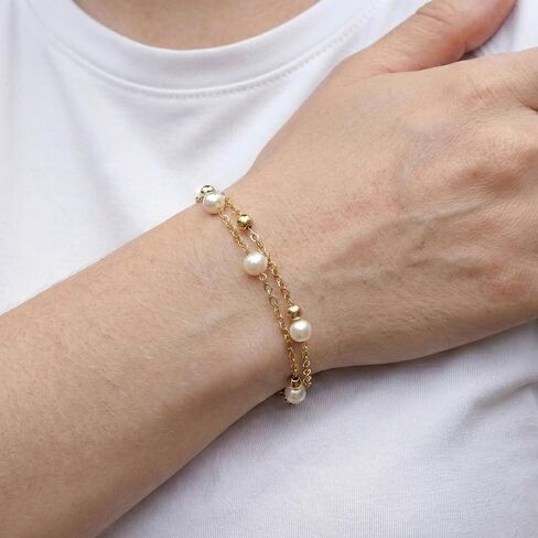 Gold Tone Double Layer Bracelet for Women - Dainty Faux Pearl Beaded Chain, Trendy Preppy Aesthetic Jewelry, Cute Stackable Wrist Accessory for Teen Girls in Saudi Arabia