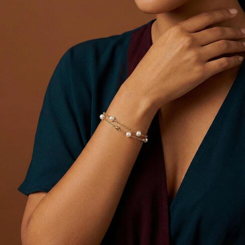 Gold Tone Double Layer Bracelet for Women - Dainty Faux Pearl Beaded Chain, Trendy Preppy Aesthetic Jewelry, Cute Stackable Wrist Accessory for Teen Girls in Saudi Arabia
