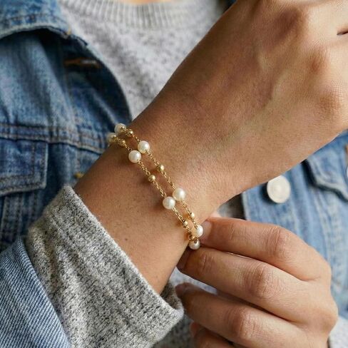 Gold Tone Double Layer Bracelet for Women - Dainty Faux Pearl Beaded Chain, Trendy Preppy Aesthetic Jewelry, Cute Stackable Wrist Accessory for Teen Girls in Saudi Arabia