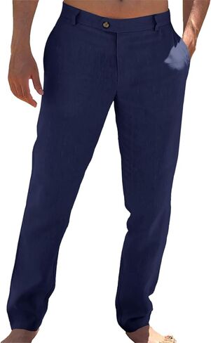 Mens Casual Linen Pants Loose Fit Elastic Drawstring Waist Lightweight Straight-Legs Beach Yoga Summer Trousers A-Dark Blue in Saudi Arabia
