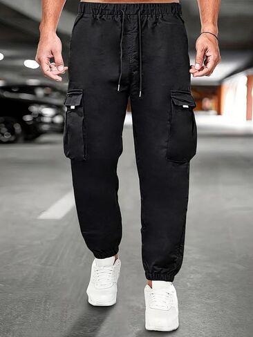 Men's Cargo Pants with Drawstring Elastic Waistband & Multiple Pockets, Utility Work Pants for Young Men Blac in Saudi Arabia