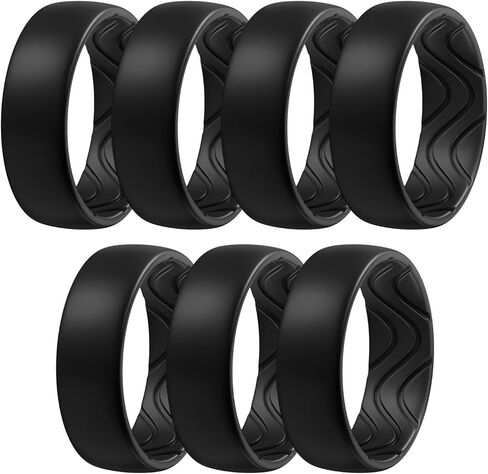 Egnaro Men's Silicone Rings 8mm Wide 2.5mm Thick, Black Elastic Rubber Weeding Bands Breathable Grooves For Gym Workout in Kuwait