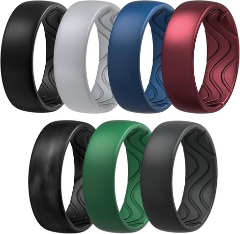 Egnaro Men's Silicone Rings 8mm Wide 2.5mm Thick, Black Elastic Rubber Weeding Bands Breathable Grooves For Gym Workout in Saudi Arabia